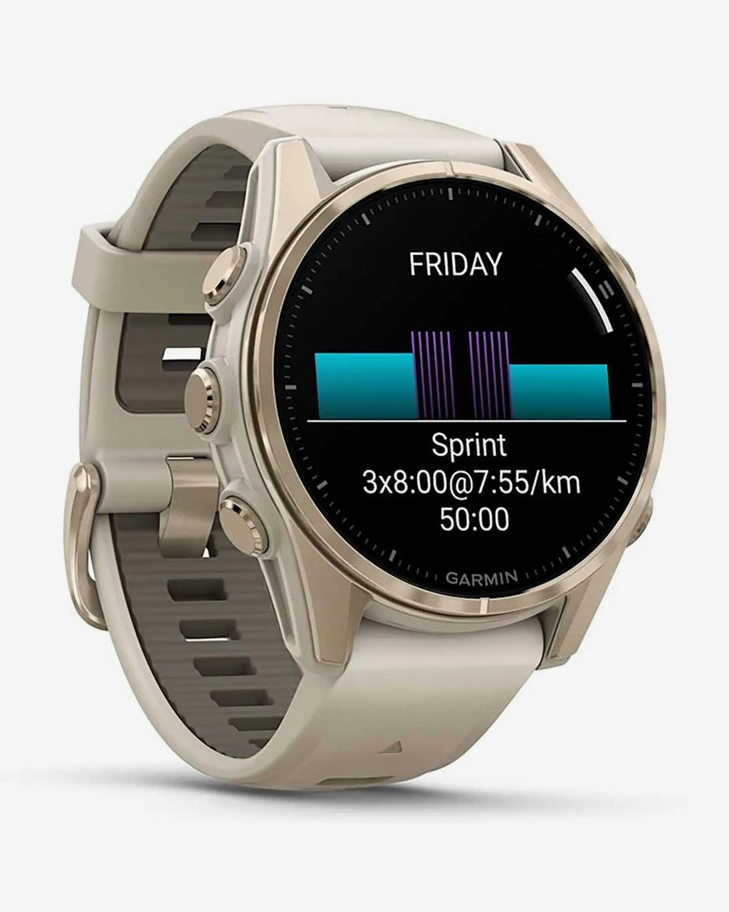 Garmin Fenix 8 AMOLED Saphirglas 43 mm Gold mit beigem Armband