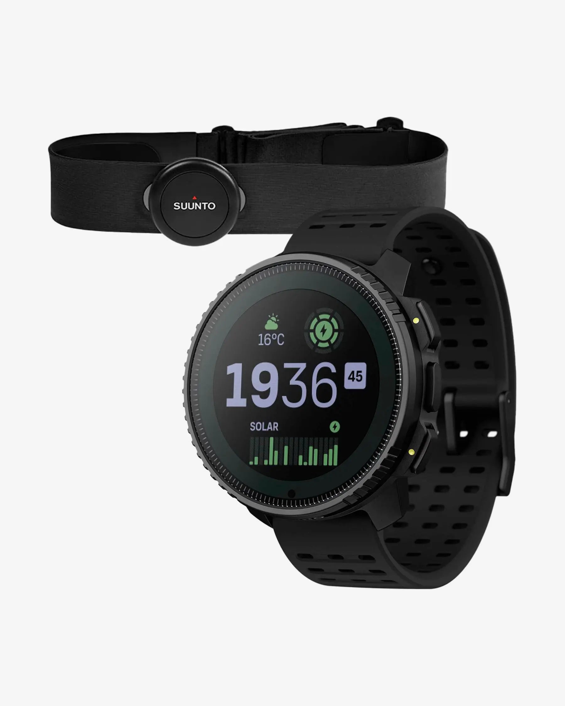 Suunto Vertical Solar in tiefschwarzem Stahl + Suunto Smart Herzfrequenzsensor in Schwarz